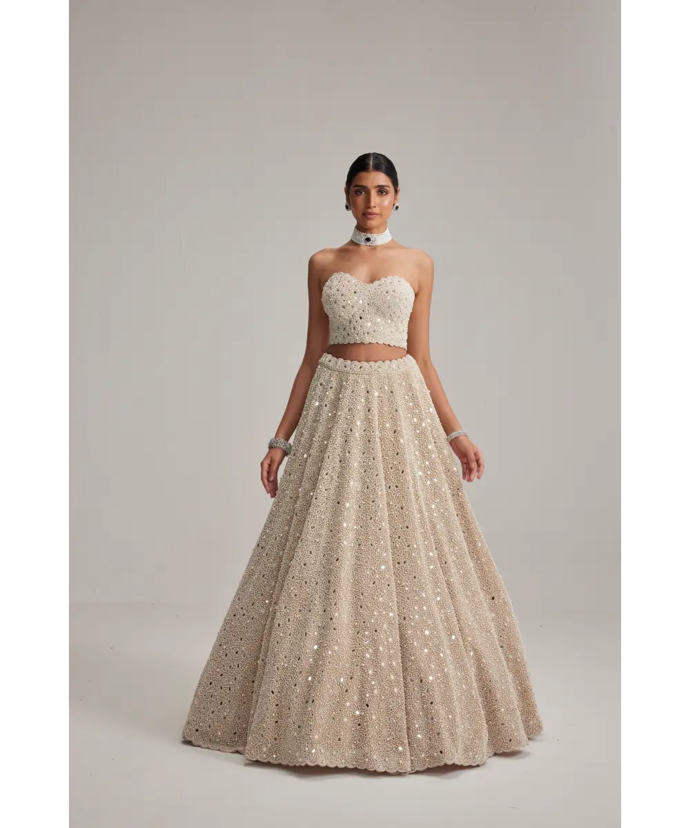 VVANI VATS- Light Beige Dense mirror and pearl Corset lehenga set